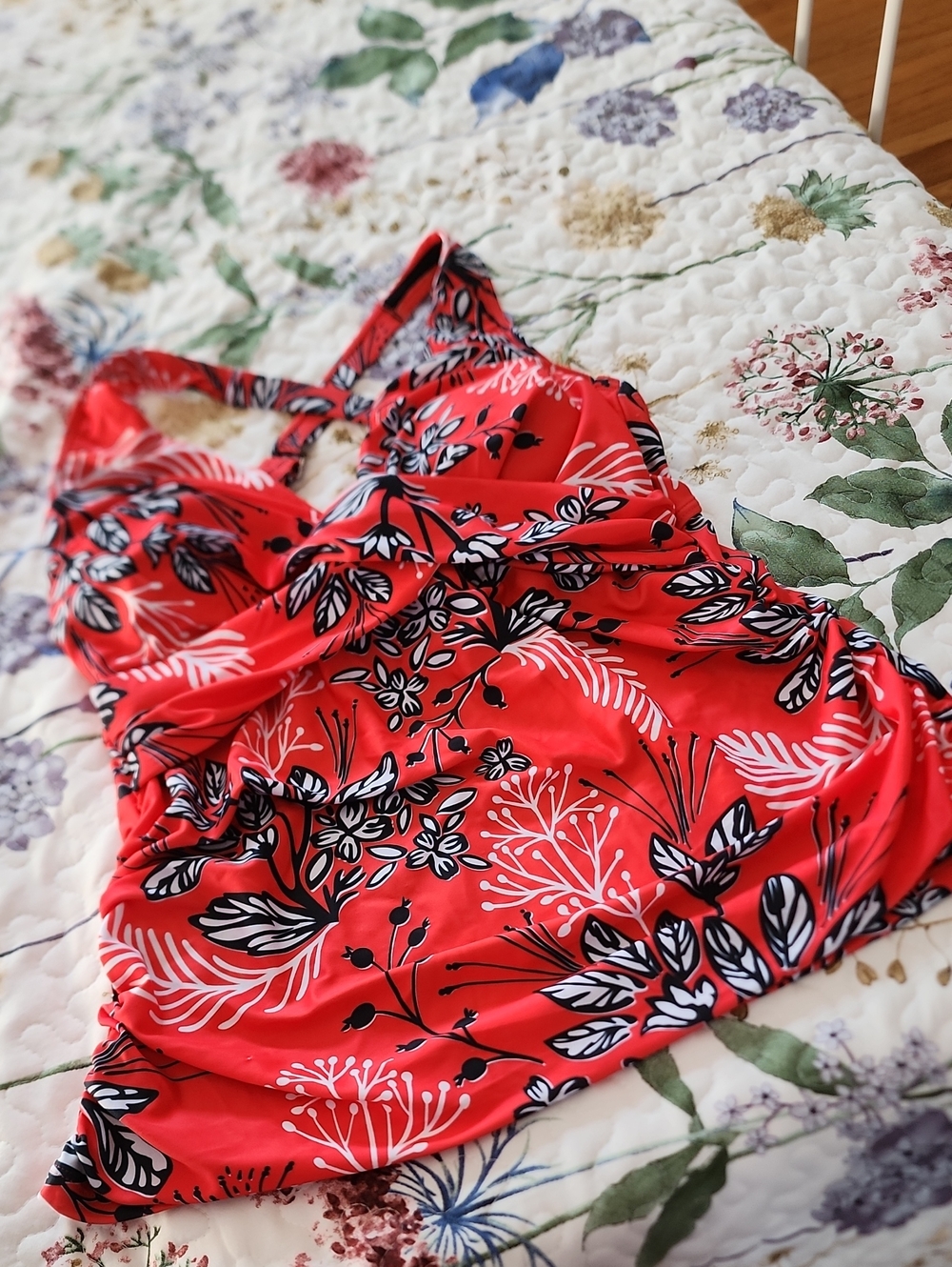 Red Floral Swim Top